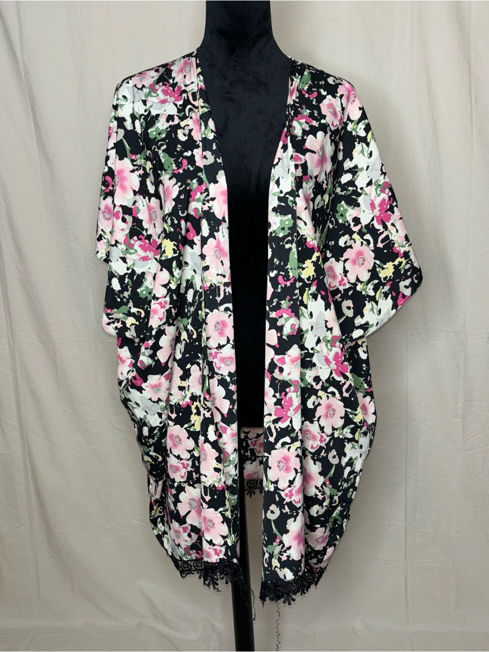 Black Floral Kimono with Pink, Yellow & Green Accents